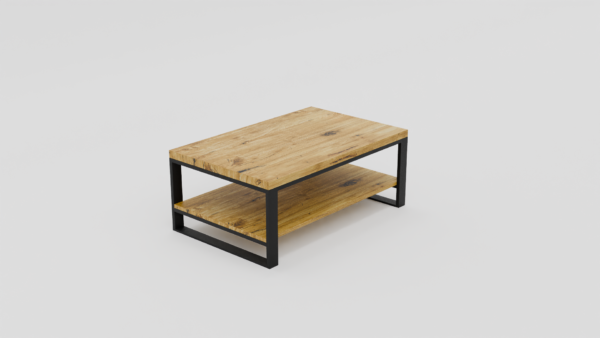 Drewniany stolik z prostymi czarnymi elementami