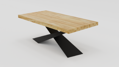 Stół z czarnymi nogami i jasnym drewnianym blatem