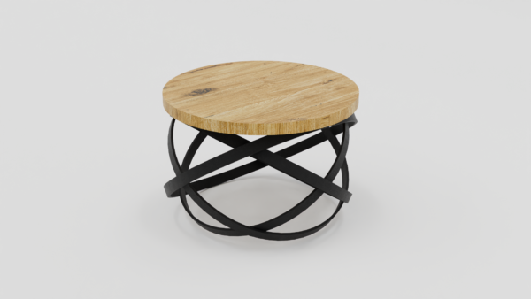 Okrągły stolik z drewnianym blatem i metalową podstawą