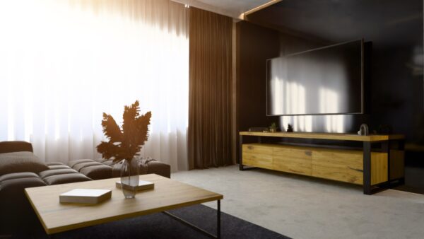 Drewniana szafka RTV z czarnymi metalowymi akcentami