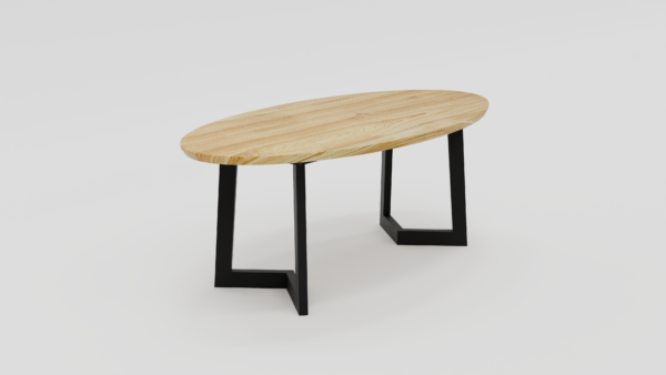 owalny stół z dębowym blatem z metalowymi nogami