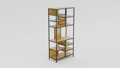 Minimalistyczny regał z metalowymi i drewnianymi elementami