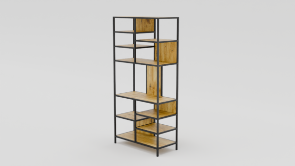 Nowoczesny regał z metalową ramą i drewnianymi półkami
