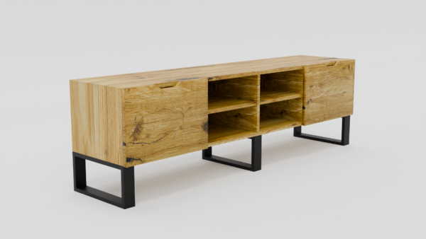 Drewniana szafka na metalowej podstawie