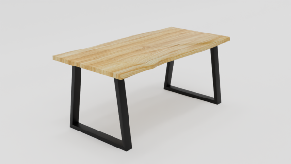 Metalowe nogi w kształcie trapezu pod drewnianym blatem