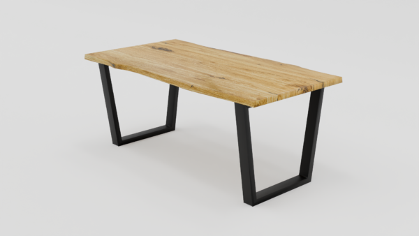 Stół z nieregularnym drewnianym blatem i metalowymi nogami