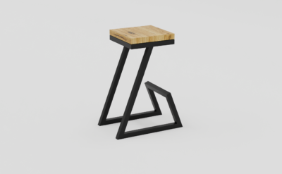 Stołek z geometryczną metalową podstawą i drewnianym siedziskiem