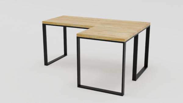 Biurko narożne z drewnianym blatem i czarnymi nogami