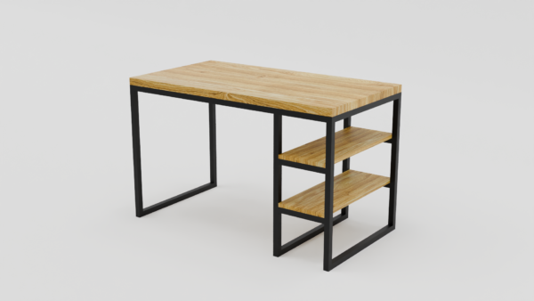 Biurko z drewnianym blatem i dwoma półkami bocznymi