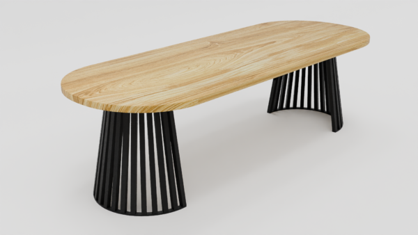Owalny stół z naturalnego drewna i metalu