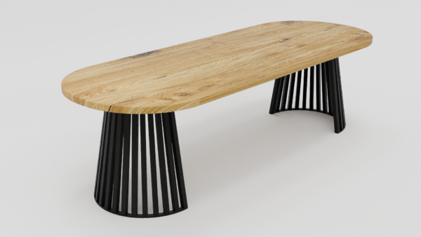 Stół z zaokrąglonym drewnianym blatem i metalową podstawą