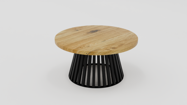 Stolik kawowy z jasnym, okrągłym drewnianym blatem