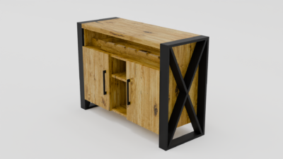 Komoda na wino z widoczną strukturą drewna i stalą