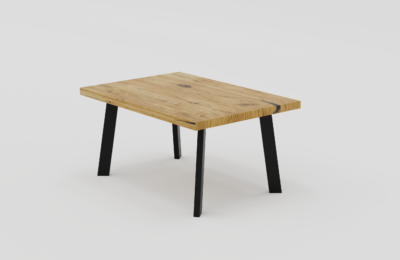 stolik prostokątny na metalowych nogach z blatem z litego drewna dębowego