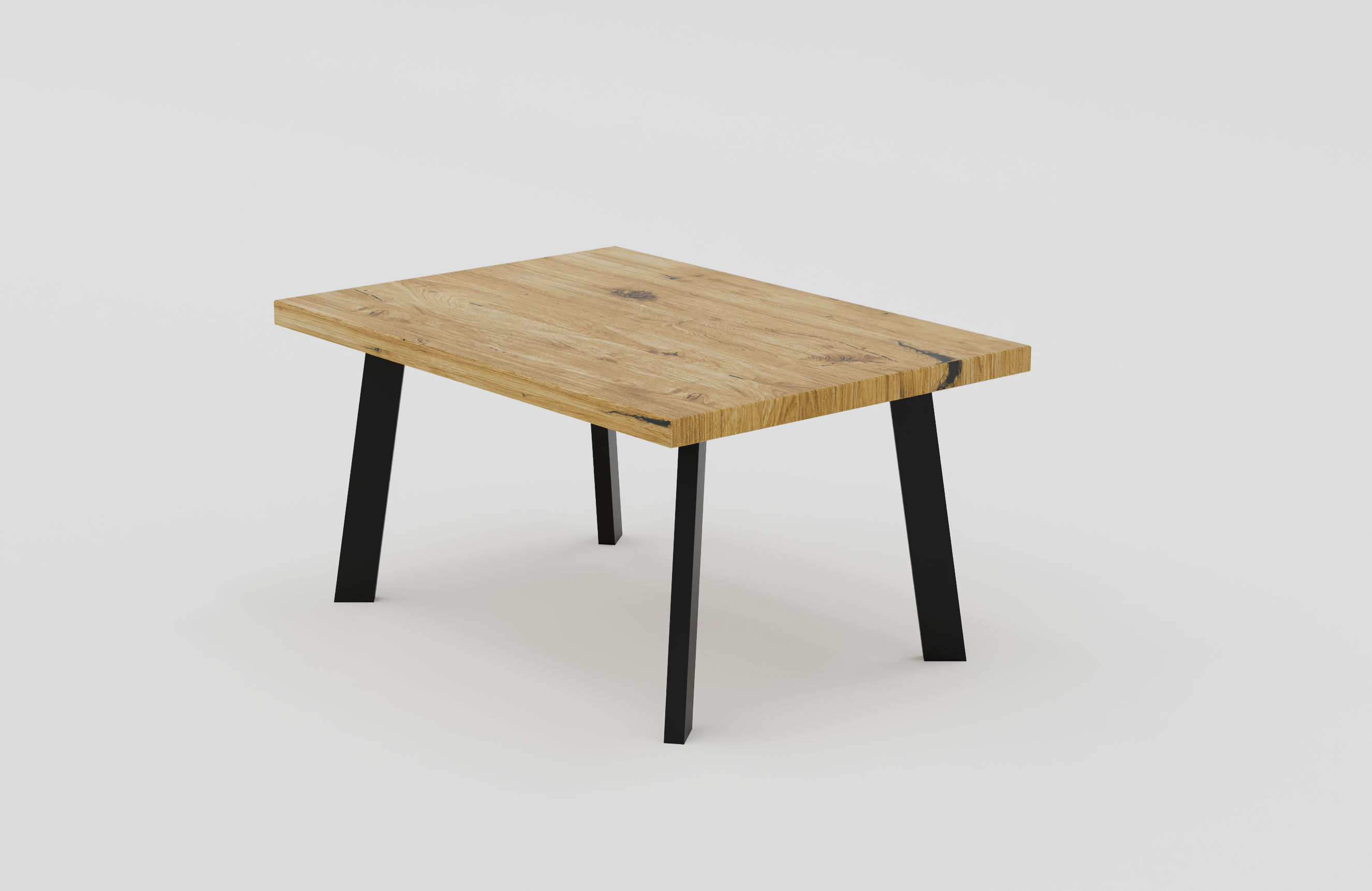 stolik prostokątny na metalowych nogach z blatem z litego drewna dębowego