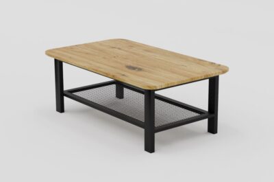 Nowoczesny stolik kawowy dębowy z zaokrąglonymi narożnikami na stalowych nogach | Stolik 2D